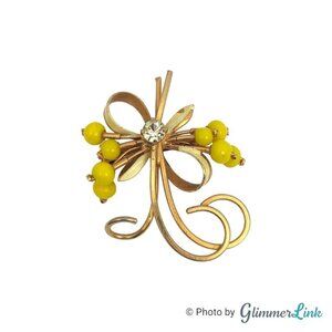 Vintage Austria Yellow Beaded Lucite Pastel Enamel Crystal Gold Tone Brooch